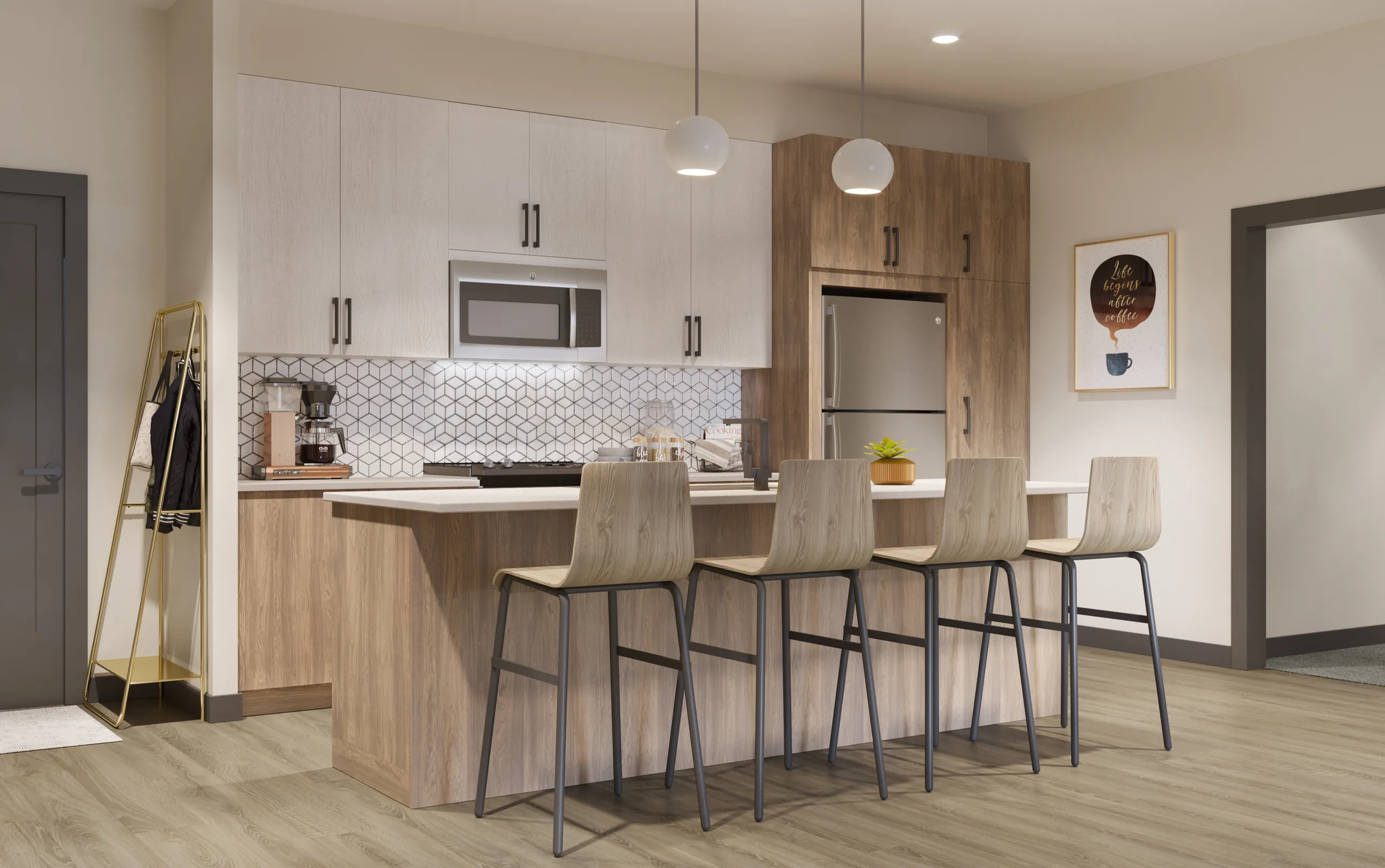 A kitchen with an island and barstools in a Canvas Tempe apartment