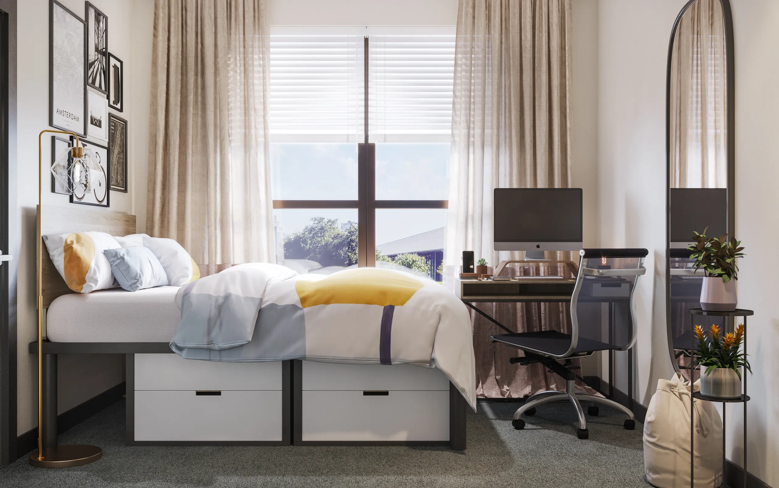 A furnished bedroom with a desk and a large window in a Canvas Tempe apartment